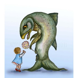 A little girl accepts a lollipop from a strange fishlike man