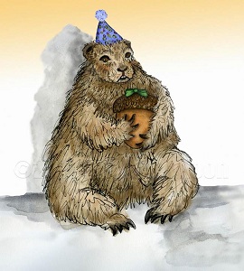 A groundhog is wearing a party hat and holding an acorn