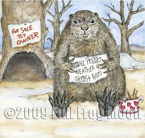 A groundhog sits outside his burrows holding a sign