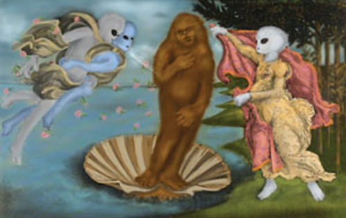Boticcelli's Bigfoot stands in a clamshell surrounded by extraterrestrials