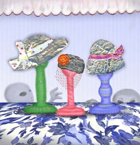 Fancy tin foil hats displayed in a shop with aliens in the bcakground