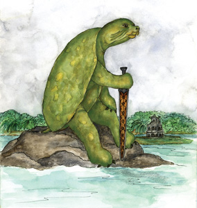 Kim Qui, the sacred turtle sits on a rock with a sword