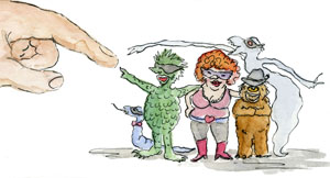 Referrer Spam Monsters be Here! Tiny Monsters begging to be clicked on by a giant finger