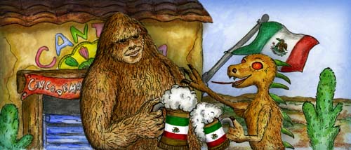 Bigfoot and a Chupcabra are drinking beer