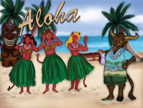 The horned Krampus monster is on the beach with hula dancers