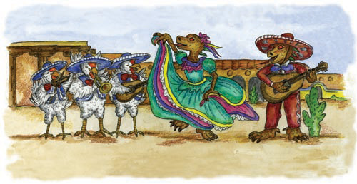 A chupacabra dances to a chicken mariachi band