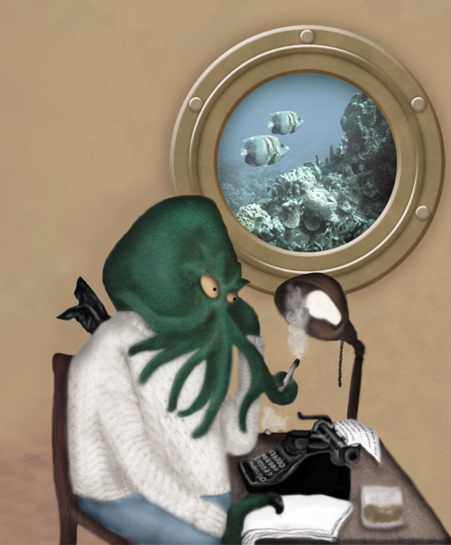 Cthulhu works on his typewriter as he smokes a cigarette