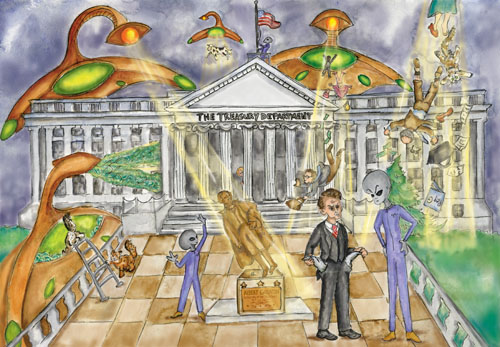 Alien UFOs are beaming up valuable items at the Treasury Department
