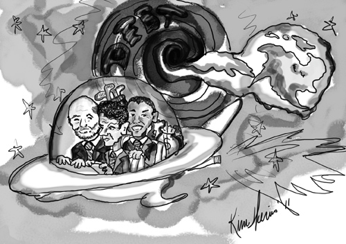 Barack, Ben and Tim narrowly escape assimilation President Obama, Ben Bernanke and Timothy Geithner flee Earth in a UFO