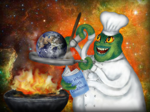 A green space alien in a chef’s uniform is sautéing the Earth