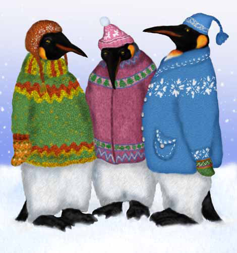 Three penguins are keeping warm with their new sweaters 