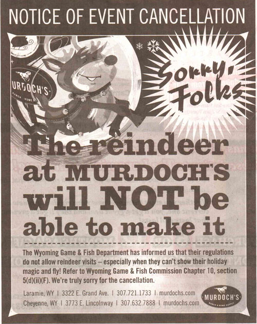 Newspaper ad announcing the cancellation of the reindeer event