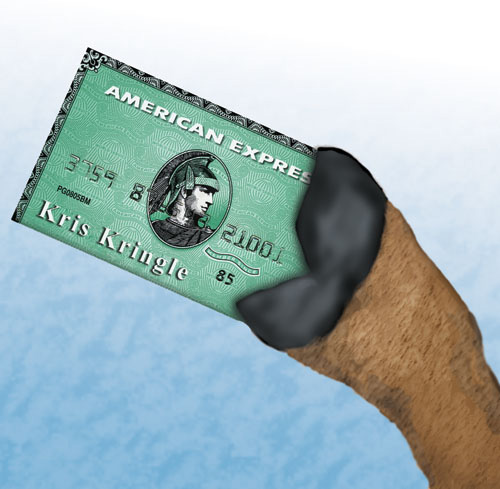 A reindeeer is holding Santa's American Express Card