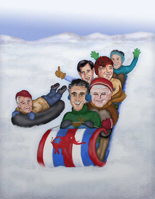 The six republican candidates are sledding down a steep hill