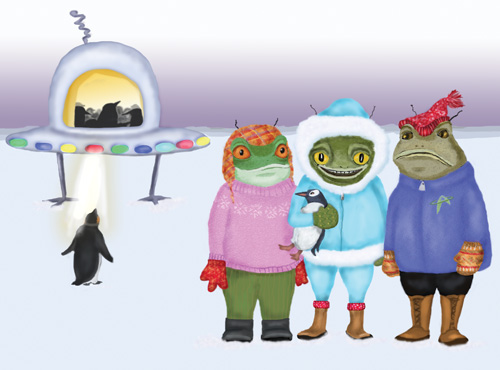 Frogs dressed in winter clothes are taking penguins to their saucer
