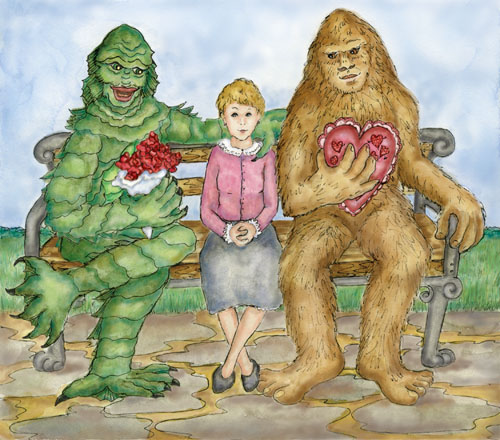 Margaret sits on a bench flanked by two suitors, Swamp Creature and Bigfoot.