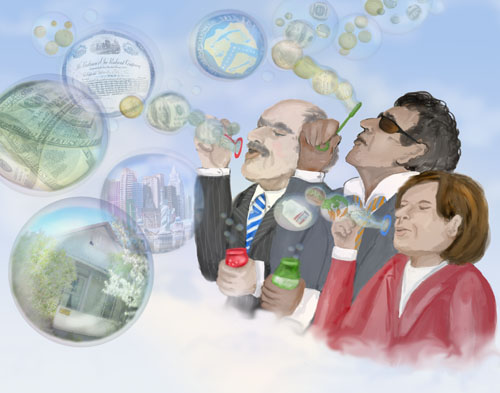 Three individuals are seen blowing financial bubbles