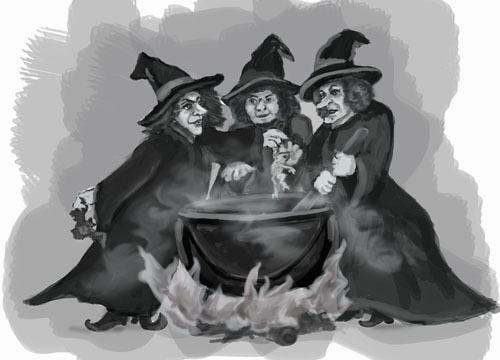 Three witches are stirring a cauldron full of poisonous ingredients