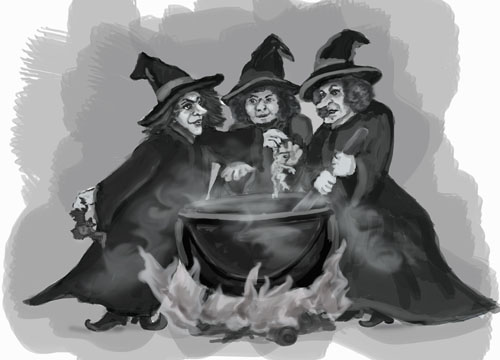 The coven of witches known as the Weird Sisters Three witches are stirring a cauldron full of poisonous ingredients