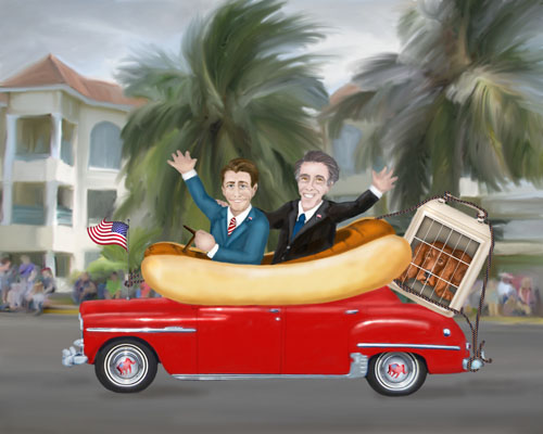 Romney and Ryan arrive in Tampa in a giant sausage car