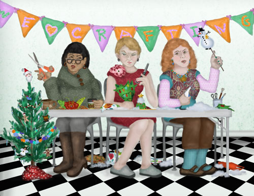 Three holiday crafters are angry because the glue ran out