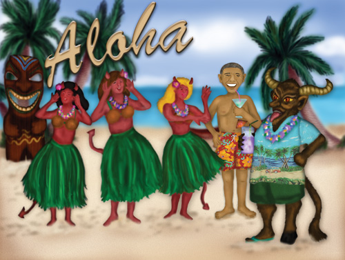 Krampus and President Obama listen to music on the beach in Hawaii