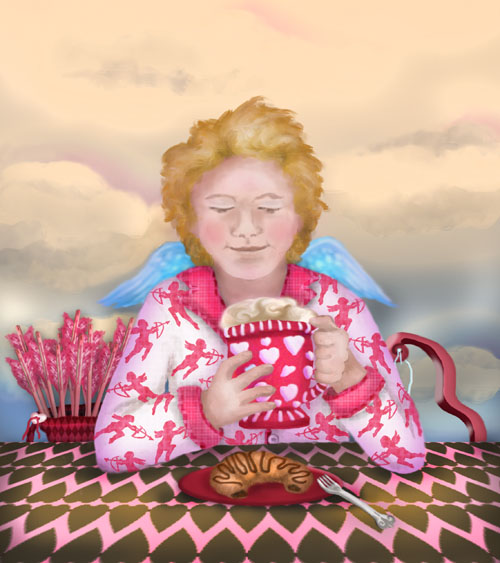 : Cupid is enjoying coffee and a croissant before making his rounds