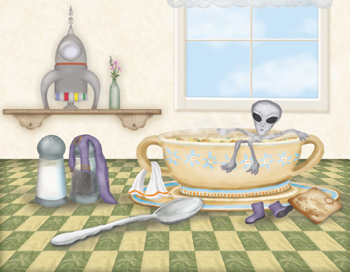 A little space alien is taking a relaxing bath in my bowl of soup