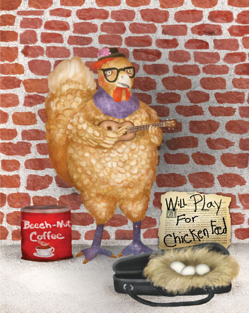 A destitute chicken is playing a ukulele on a street corner hoping for tips