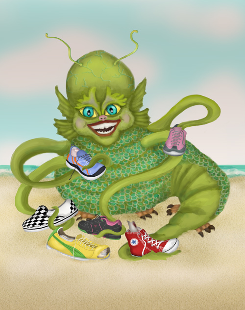 Randy the sea monster shows off his collection of colorful sneakers