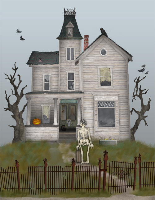 A skeleton holding a suitcase is approaching a haunted house