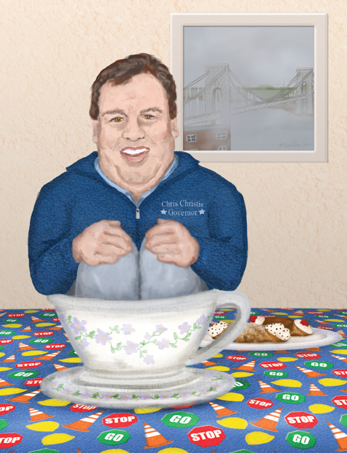 Governor Chris Christie is sitting in a teacup with his plate of cannoli next to him