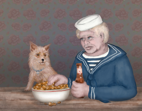 : An elderly sailor is enjoying a beer and a tasty snack