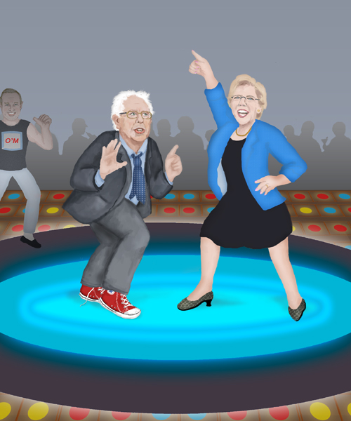 Senators Bernie Sanders and Elizabeth Warren are dancing energetically to 70’s era disco music