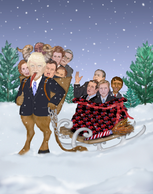 The Trumpus carts away a load of candidates in a basket and a sled