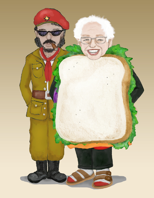 Victorious Bernie Sanders and Sanderista Comandante Chimichurri stand side-by-side
