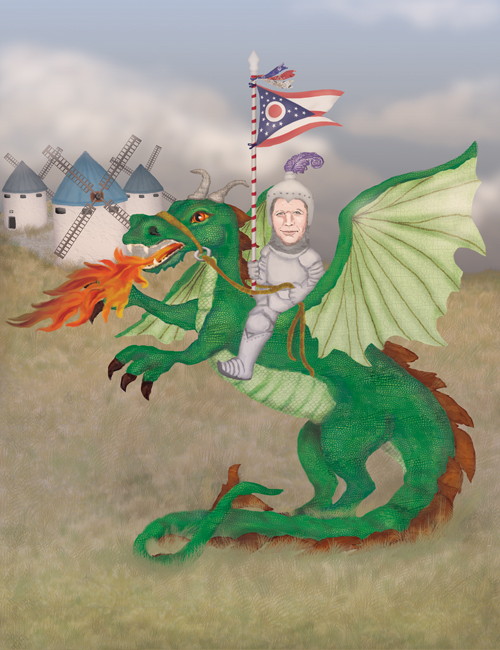 Governor John Kasich is riding a dragon against a backdrop of windmills