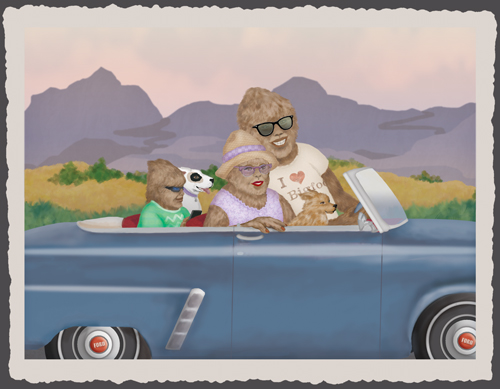 Mr & Mrs Bigfoot, Junior Bigfoot and their two terriers are riding in a classic convertible