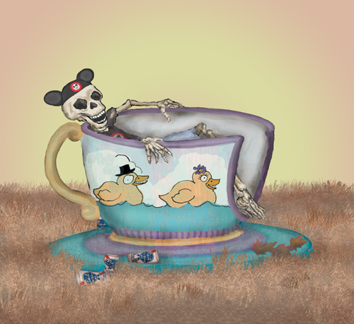 Old Joe’s skeleton lies in a deteriorating whirling teacup at an abandoned amusement park.