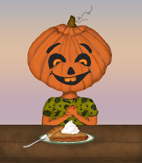 A pumpkin-headed kid is about ready to eat a piece of pumpkin pie.
