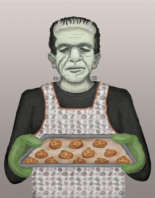 Frankenstein holds a freshly baked tray of pumpkin spice cookies.