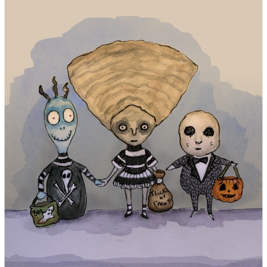 Children based on Tim Burton Characters go trick or treating.