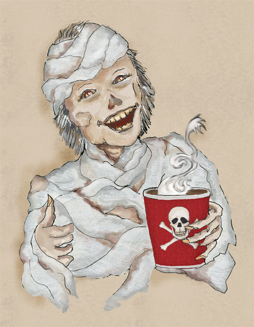 A mummy gives a thumbs up while holding a cup of hot gourmet coffee.
