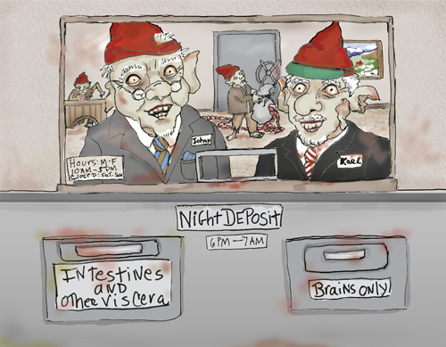 Two zombie gnomes tellers accepting bank deposits of body parts and viscera.