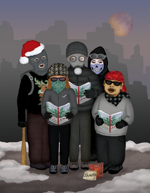 Five Antifa La La La carolers dressed in black are singing carols