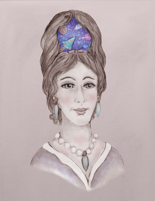 Painting of woman with bouffant hair containing images of outer space