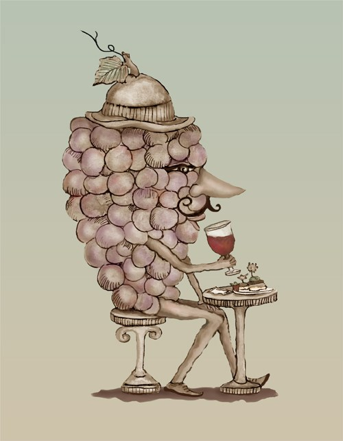 A grape man with a hat drinking a class of wine.